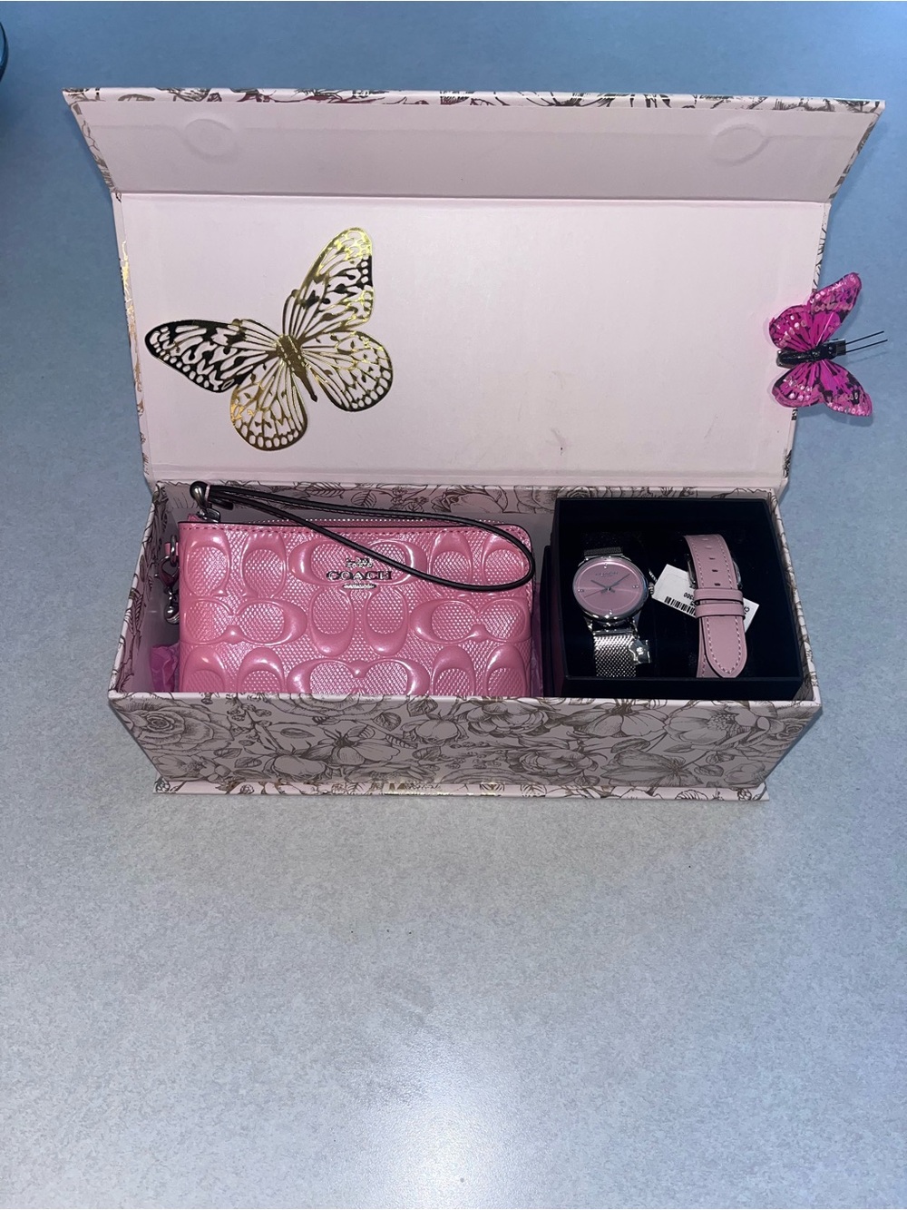 Coach Pink Signature Wristlet with Matching Pink Watch Set